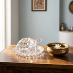 Divine Sansar Iccha Poorti Crystal Turtle on Plate-Crystal Turtle on a wooden surface with a light blue wall in the background.