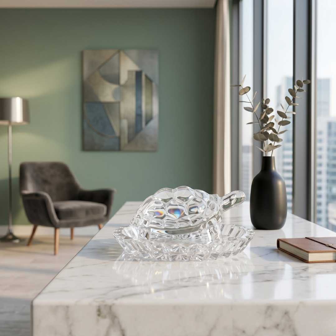 Divine Sansar Wish Fulfilling Crystal Turtle Modern Ambiant-Modern living room with a crystal Turtle on a marble table, a vase, and a book.
