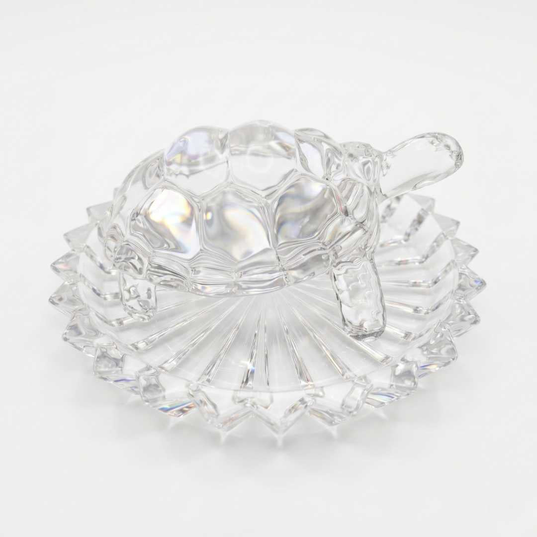 Divine Sansar Wish Fulfilling Crystal Turtle with bowl side angle-Clear crystal turtle figurine on a white background
