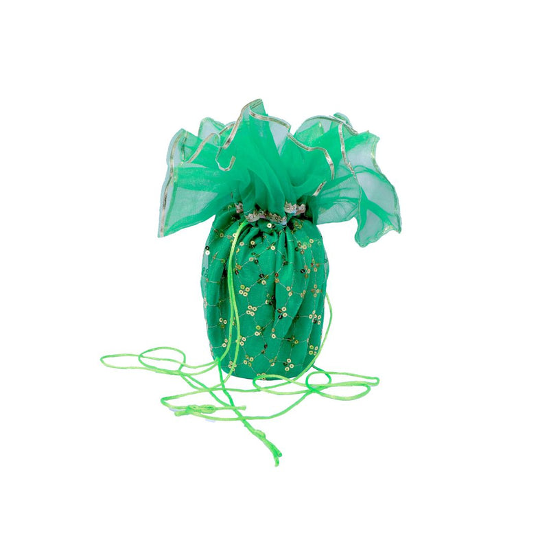 Green silk Shagun Potli bag with gold sequin work and drawstring - Divine Sansar UAE