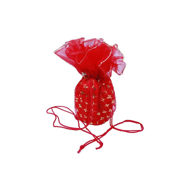 Red silk Shagun Potli bag with gold sequin work and drawstring - Divine Sansar UAE