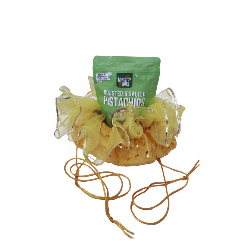 Yellow silk Shagun Potli bag with gold sequin work and drawstring - Divine Sansar UAE
