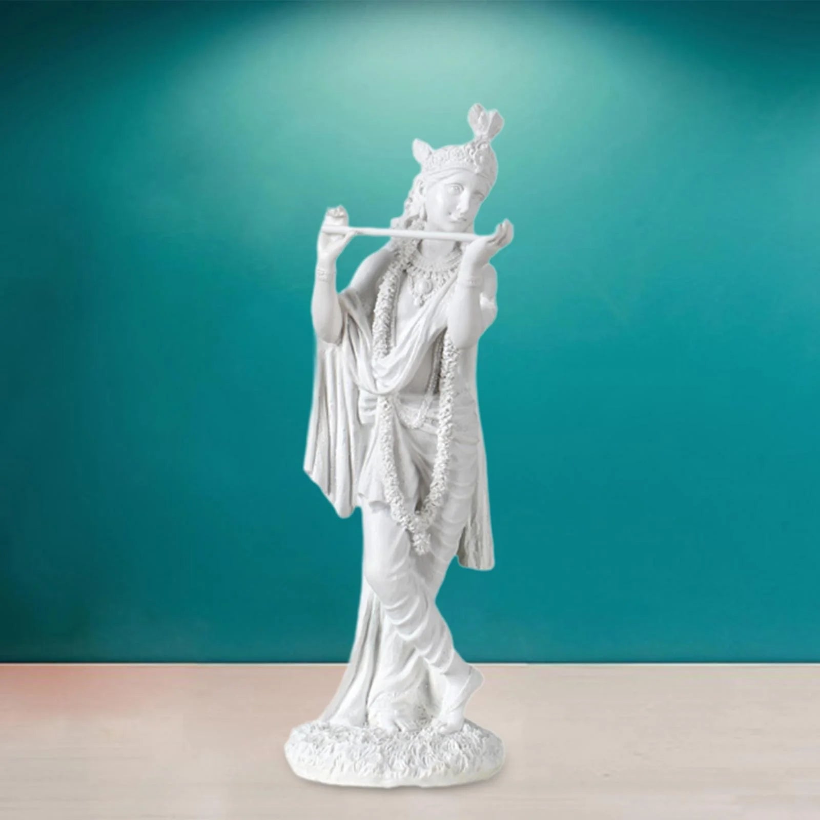 Divine Sansar Elegant White Krishna Statue Playing Flute against a sky background
