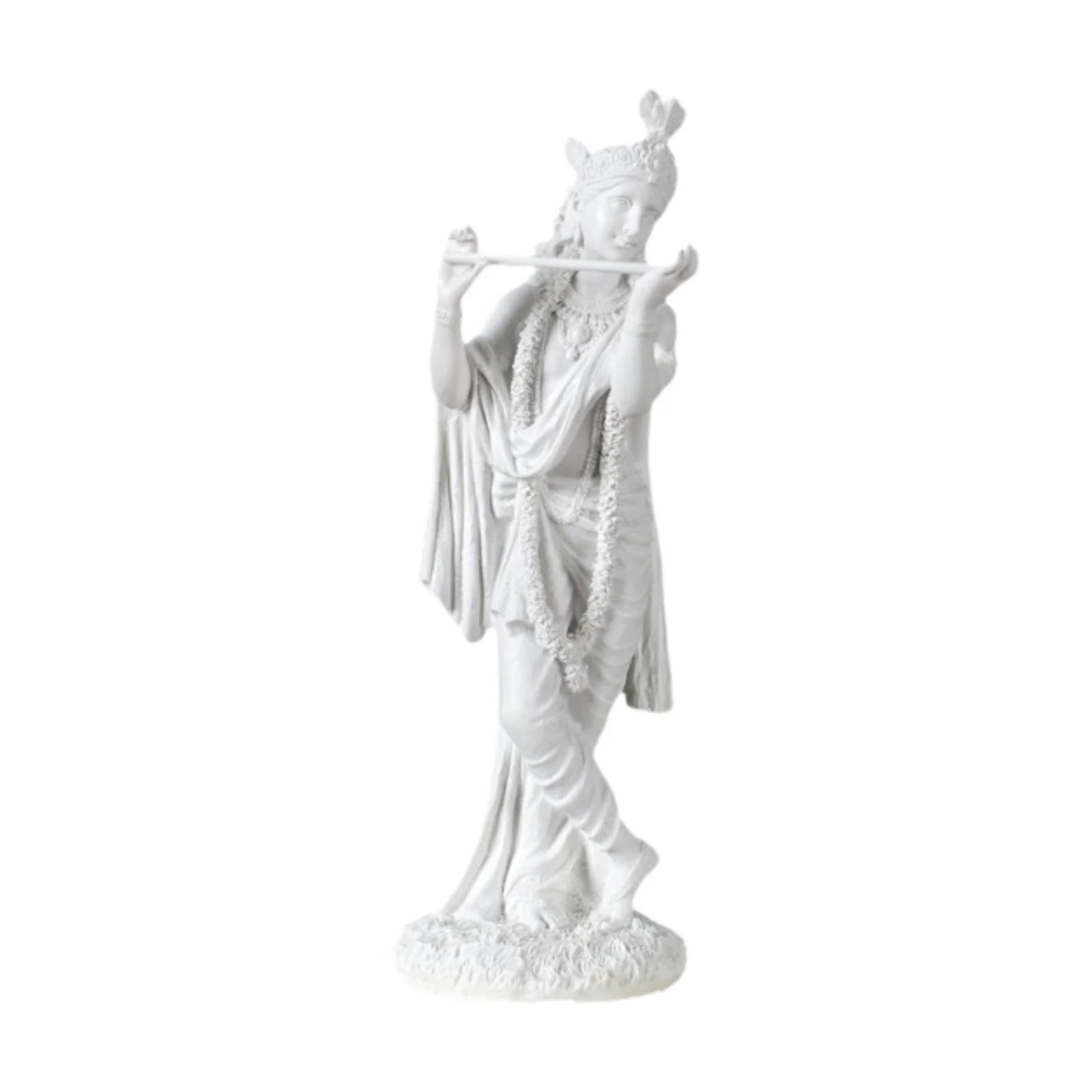 Divine Sansar Elegant White Krishna Statue Playing Flute on a white background