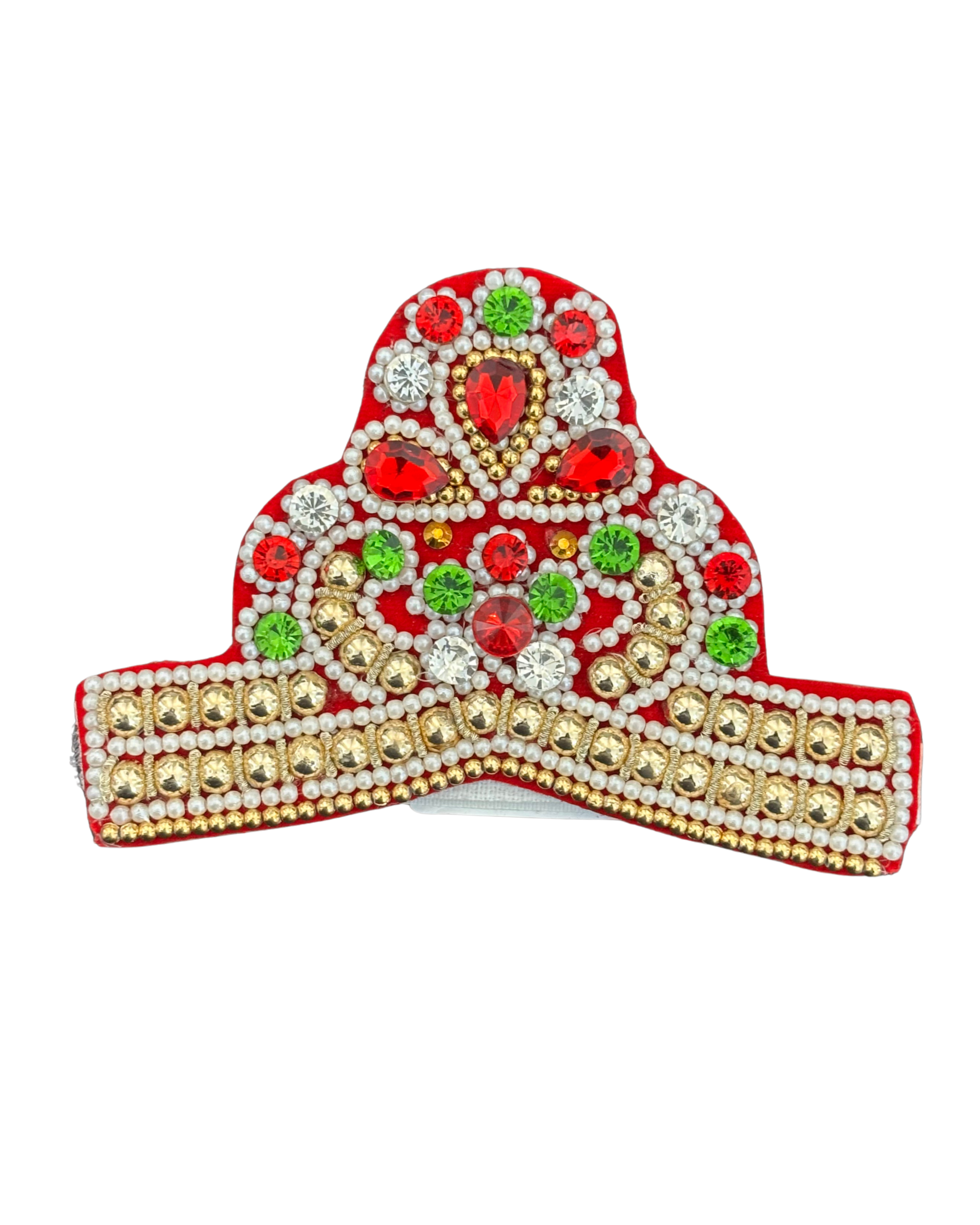 Divine Sansar-Embellished Mukut-Decorative headband with red, green, and gold embellishments on a white background