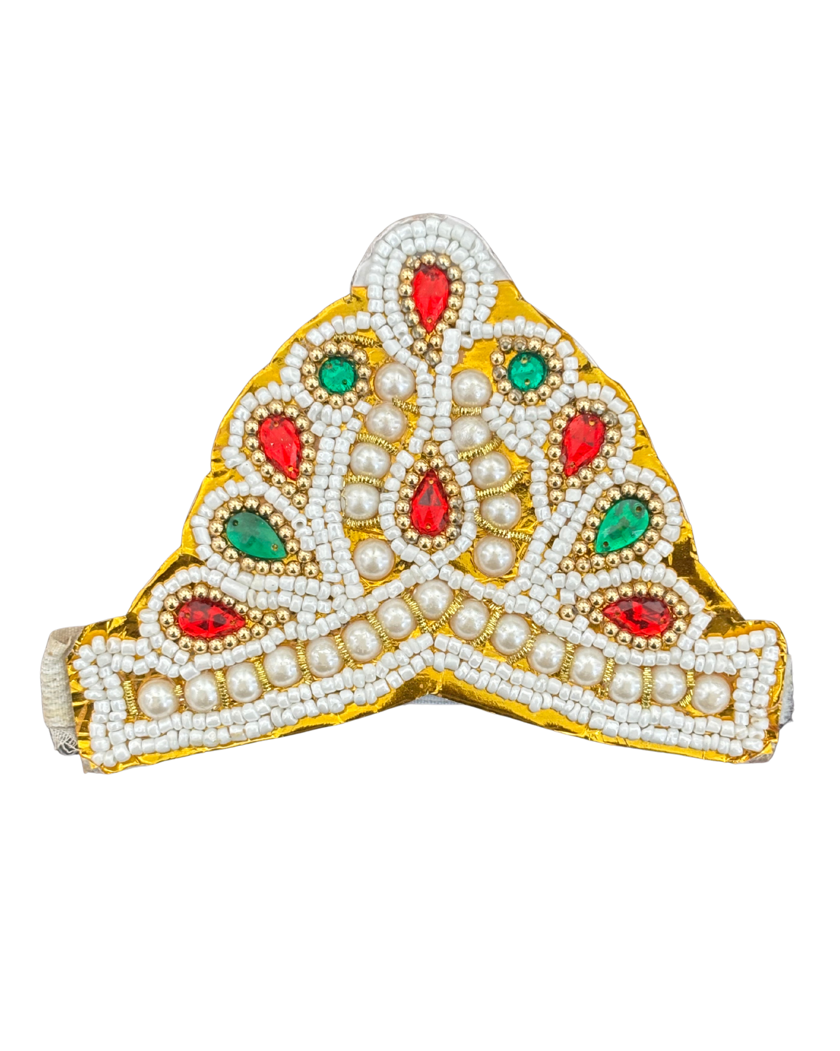 Divine Sansar-Embellished Mukut — Idol Crown with pearls, red and green stones on a white background