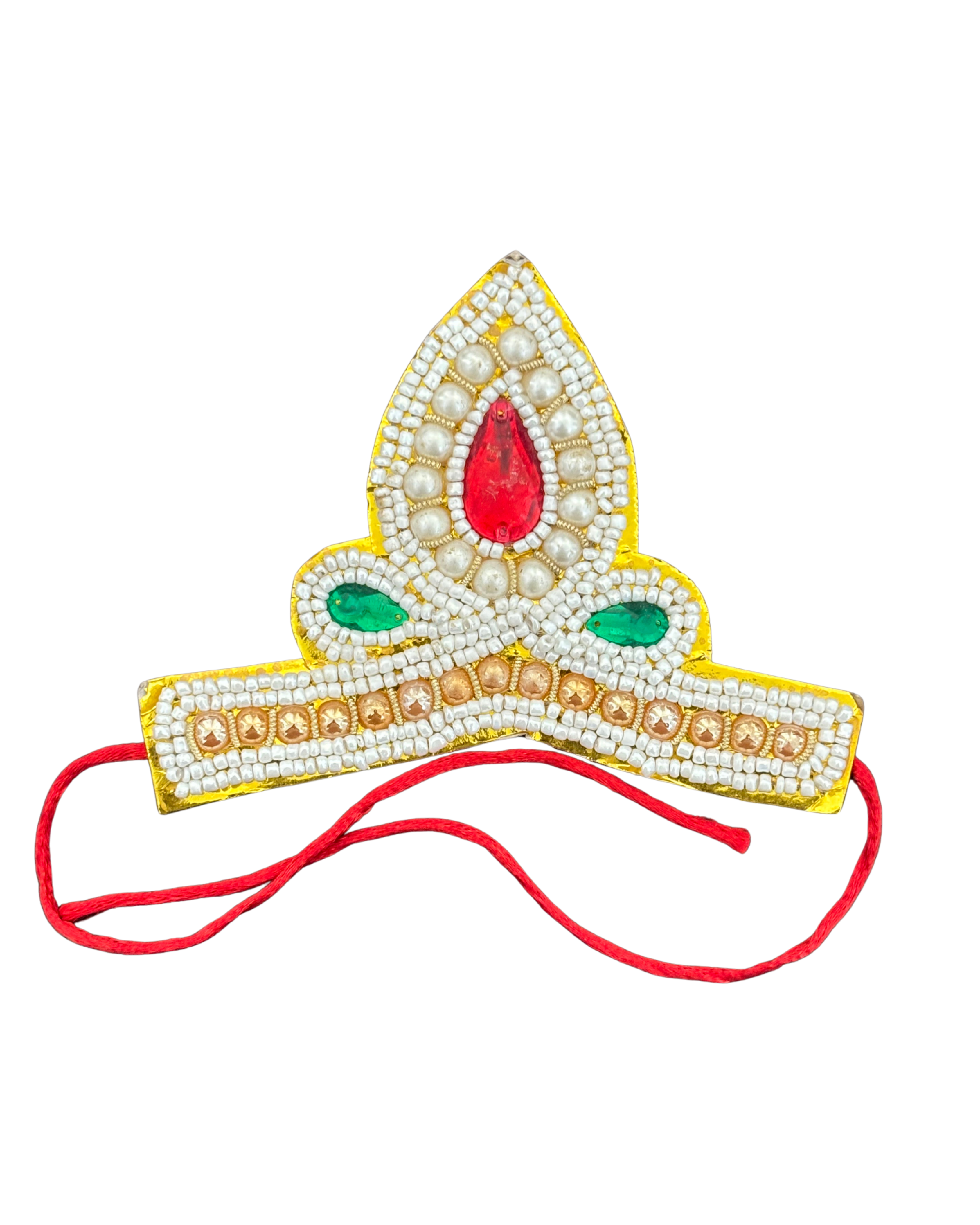 Divine Sansar-Embellished Mukut — Idol Crown with a red teardrop design on a white background