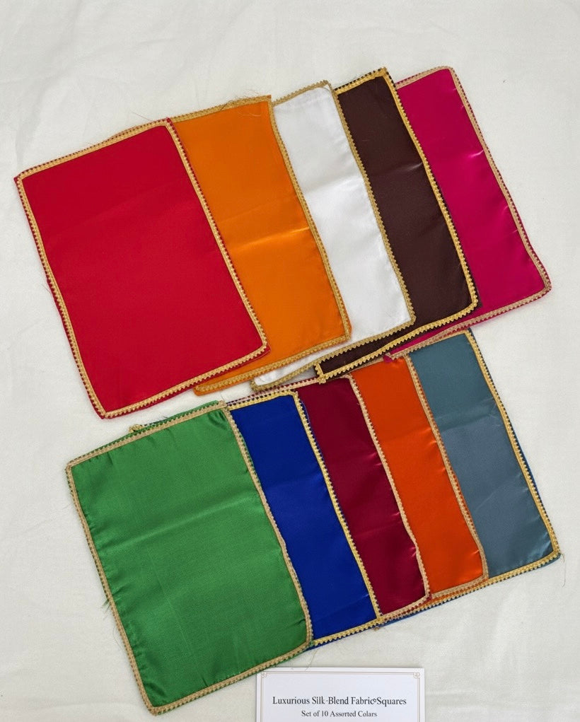 Divine Sansar-Set of colorful fabric squares with a gold border on a white background