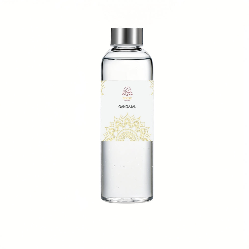 Divine Sansar Gangajal 1 litre glass bottle with a silver cap on a white background