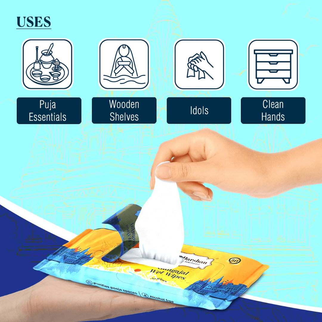 Divine Sansar-Hand using a packet of Divine Sansar Gangajal Wet Wipes with icons and text indicating uses on a blue background