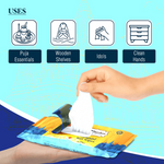 Divine Sansar-Hand using a packet of Divine Sansar Gangajal Wet Wipes with icons and text indicating uses on a blue background
