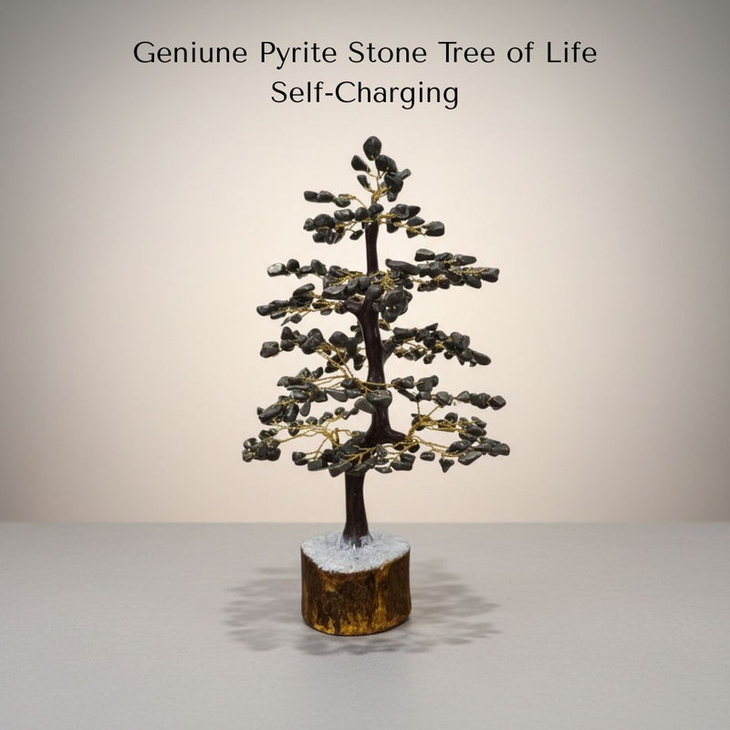Divine Sansar-GeniunePyriteStoneTreeofLifeSelf-Charging-Pyrite Stone Tree of Life on a plain background with text