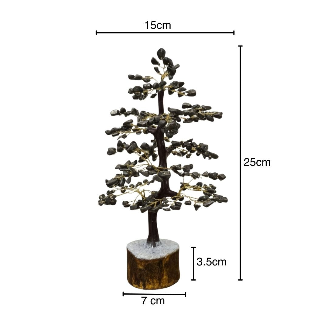 Geniune Pyrite Stone Tree of Life with dimensions labeled on a white background