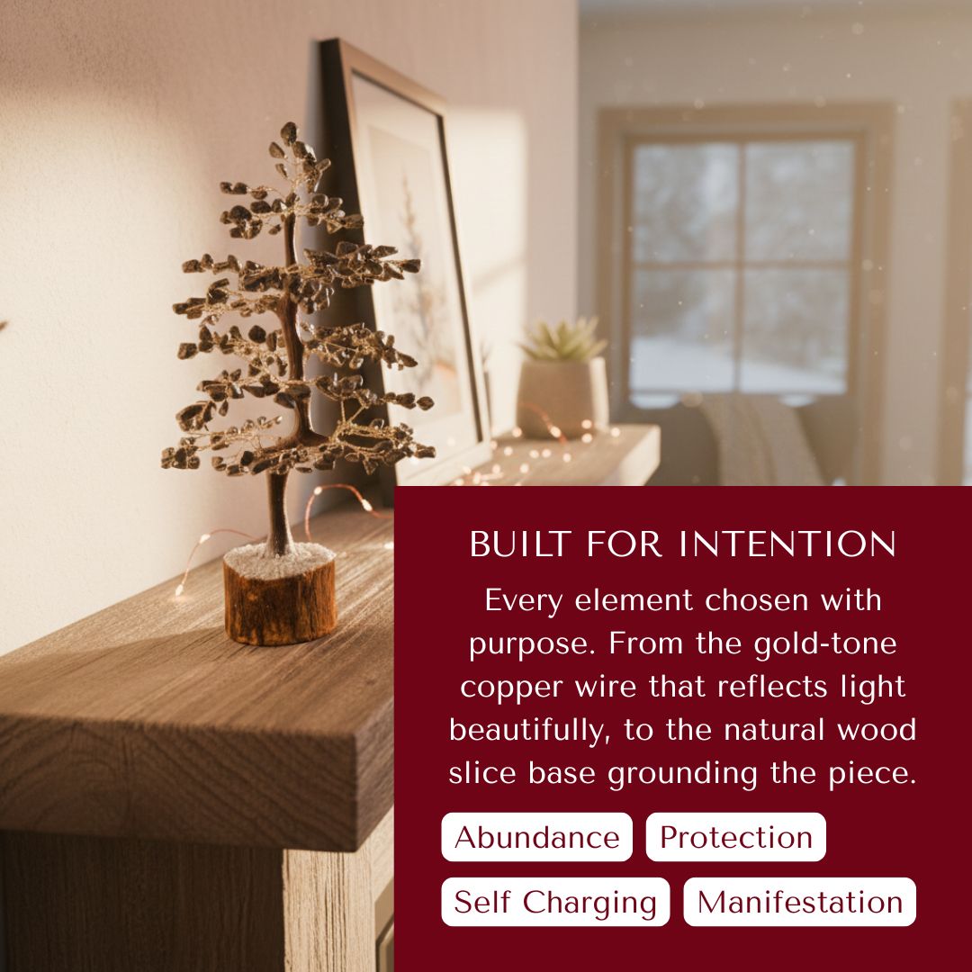 Geniune Pyrite Stone Tree of Life on a wooden surface with text about its purpose and benefits.