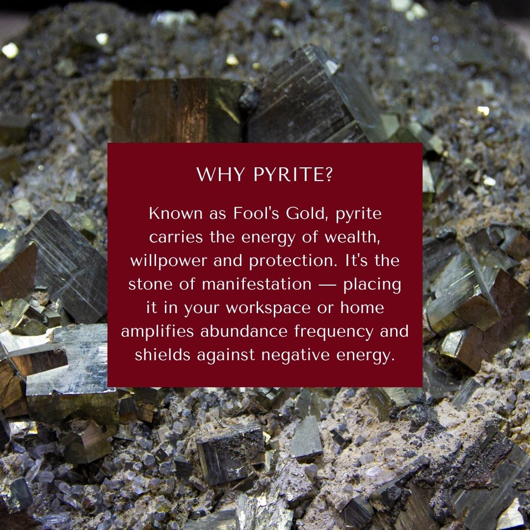 Pyrite crystals with a red text box explaining its properties.