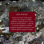 Pyrite crystals with a red text box explaining its properties.