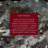 Pyrite crystals with a red text box explaining its properties.