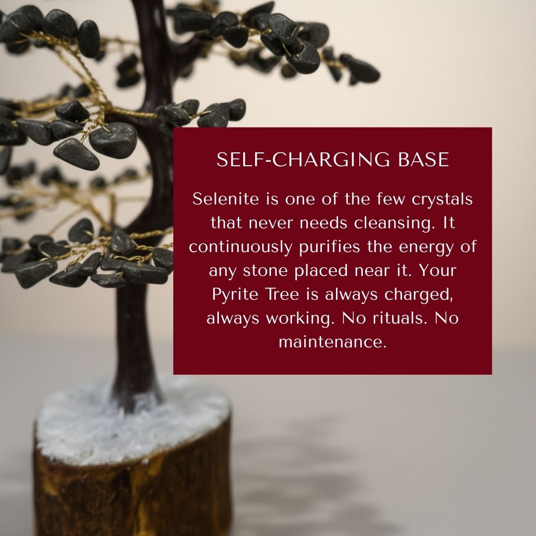 Divine Sansar-Geniune Pyrite Stone Tree of LifeSelf-ChargingBase-Pyrite tree with text about a self-charging base and selenite properties.
