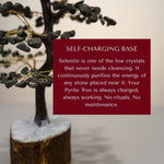 Divine Sansar-Geniune Pyrite Stone Tree of LifeSelf-ChargingBase-Pyrite tree with text about a self-charging base and selenite properties.