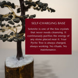 Divine Sansar-Geniune Pyrite Stone Tree of LifeSelf-ChargingBase-Pyrite tree with text about a self-charging base and selenite properties.