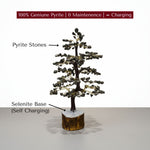 Divine Sansar-Geniune Pyrite Stone Tree of Life Self-Charging stone description-Decorative tree made of pyrite stones with a selenite base on a white background