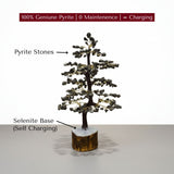 Divine Sansar-Geniune Pyrite Stone Tree of Life Self-Charging stone description-Decorative tree made of pyrite stones with a selenite base on a white background