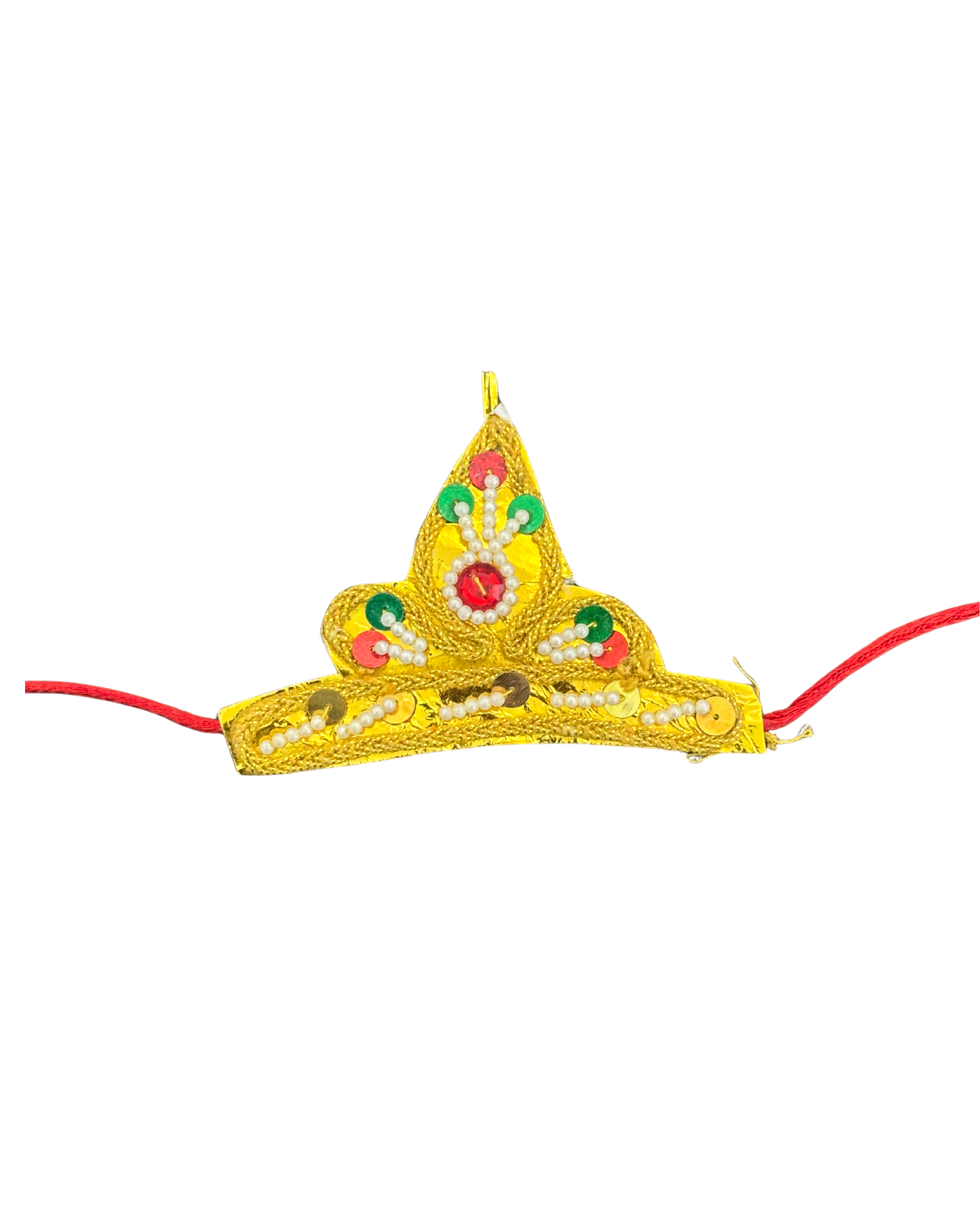 Divine Sansar-Golden Mukut with red stones and red string on a white background