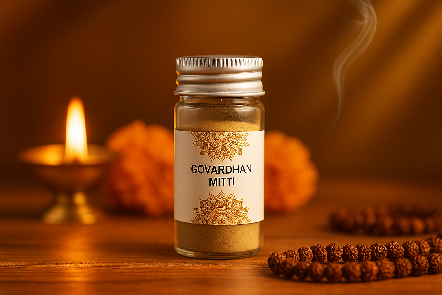 Divine Sansar-Bottle of 'Govardhan Mitti' on a wooden surface with decorative elements and a lit candle in the background.