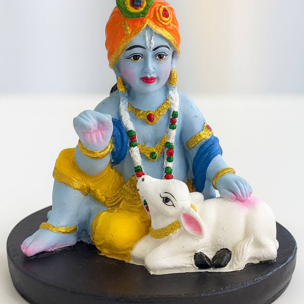 Divine Sansar-Hand-Painted Baby Krishna with Calf Idol on a black base against a white background