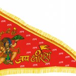 Divine Sansar Hanuman Pataka-triangular red Hindu flag featuring an illustration of Lord Hanuman carrying a mountain, with "Jai Shree Ram" text and golden fringes.