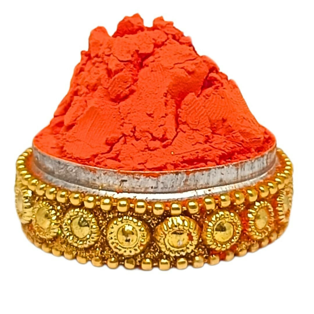Divine Sansar-A vibrant mound of Hanuman Sindoor presented in a small, decorative golden cup.
