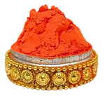 Divine Sansar-A vibrant mound of Hanuman Sindoor presented in a small, decorative golden cup.