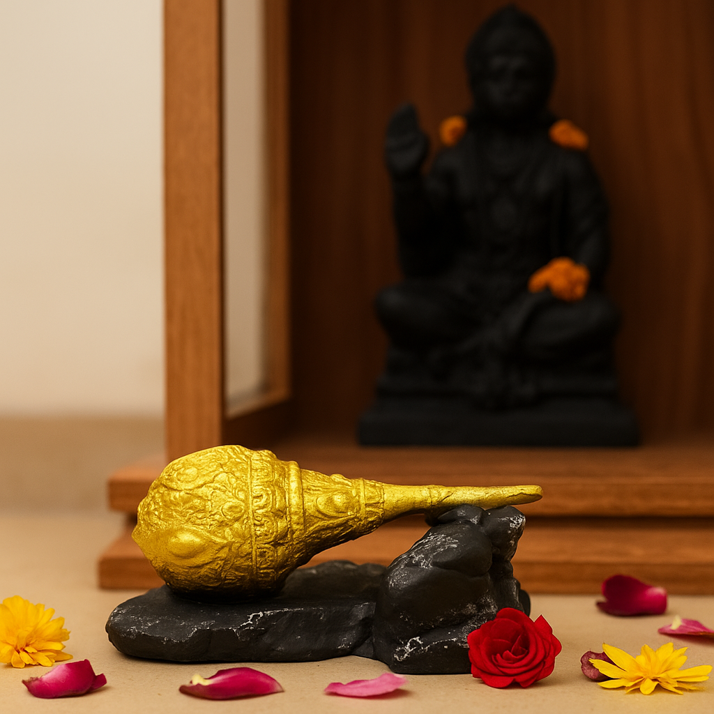 Divine Sansar Hanumanji Gada Golden object on a black rock with flowers and a statue in the background