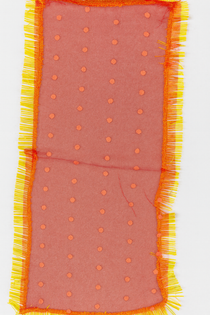 Divine Sansar-Pink traditional veil with orange polka dots and yellow fringes on a white background