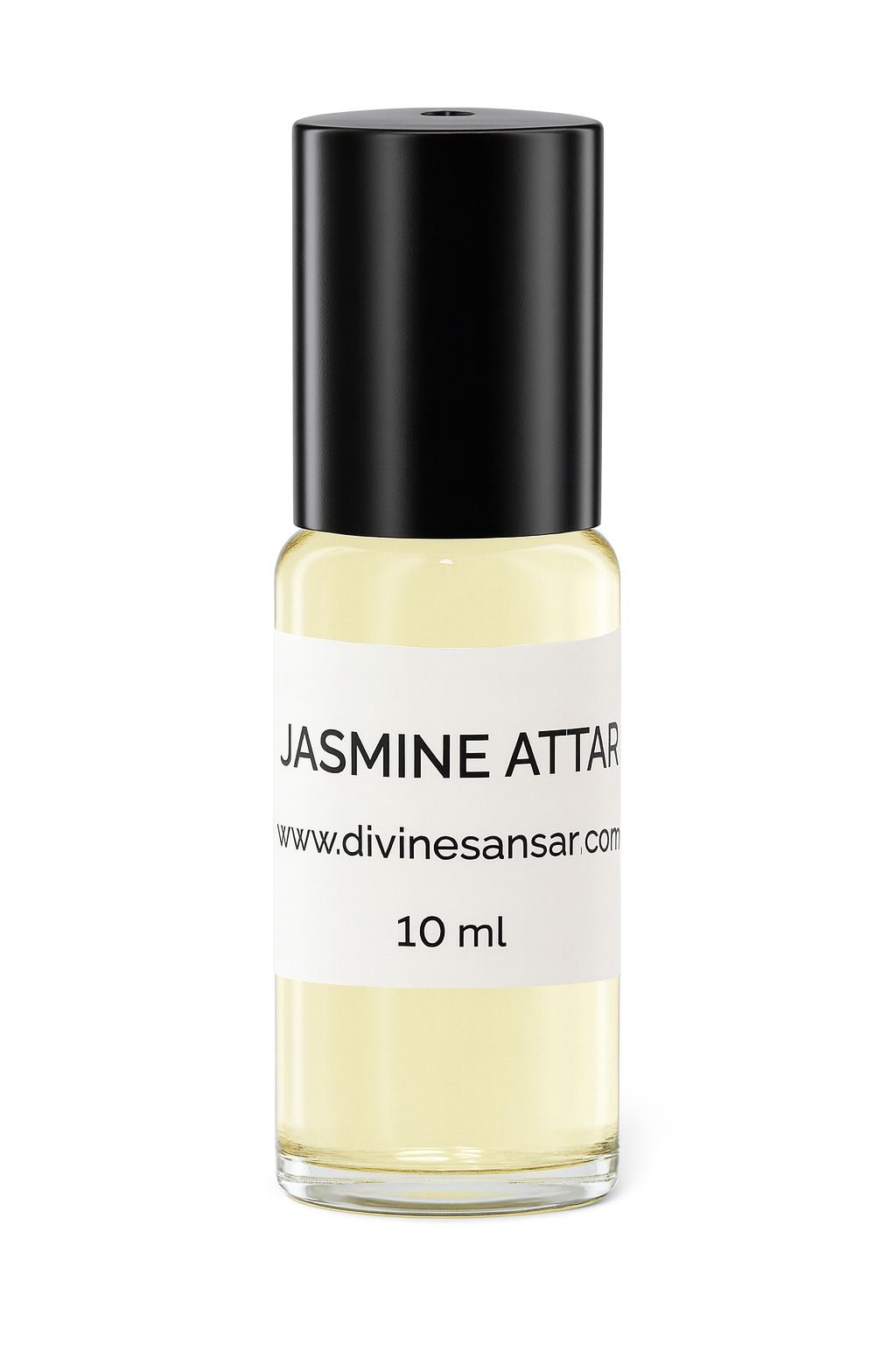 Divine Sansar-Jasmine Attar bottle with black cap on a white background