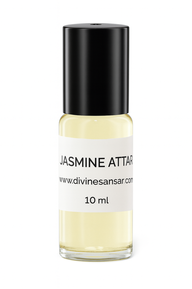 Divine Sansar-Jasmine Attar bottle with black cap on a white background