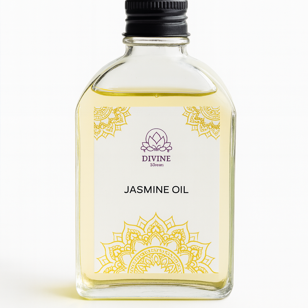 Divine Sansar Bottle of Jasmine oil with a decorative label on a white background