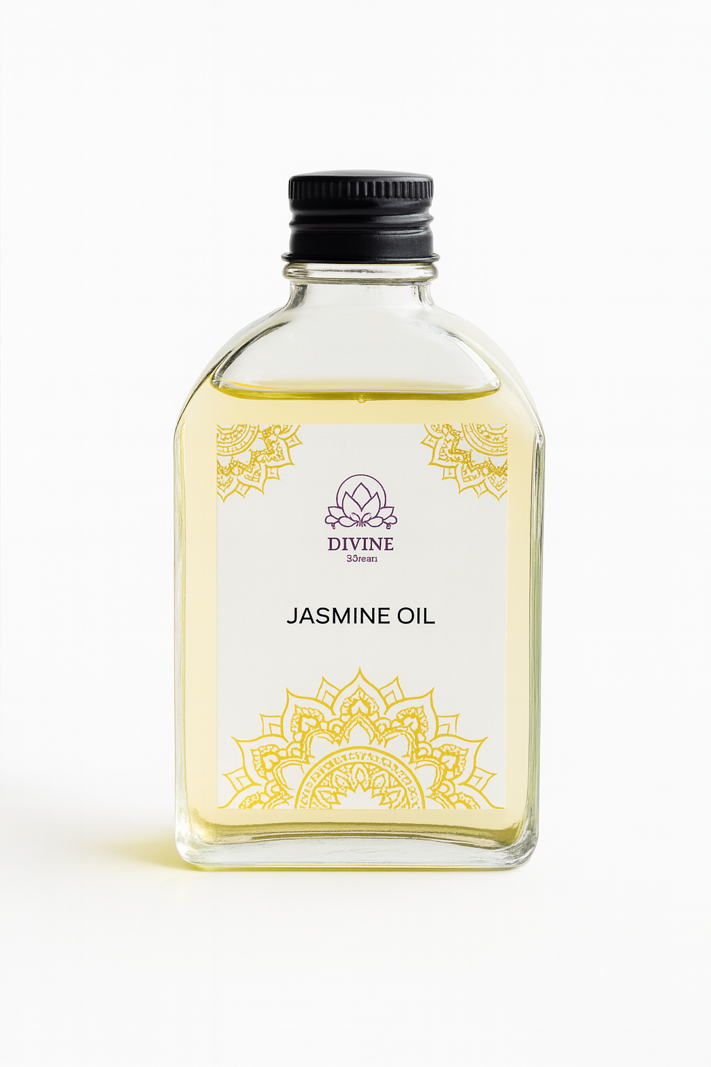 Divine Sansar Bottle of Jasmine oil with a decorative label on a white background