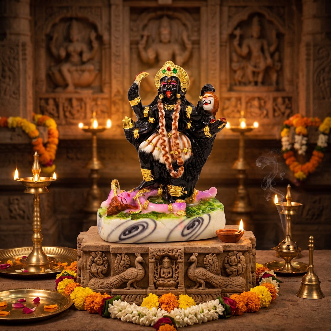 Kali Mata statue on a home mandir altar with diyas and marigolds - Divine Sansar