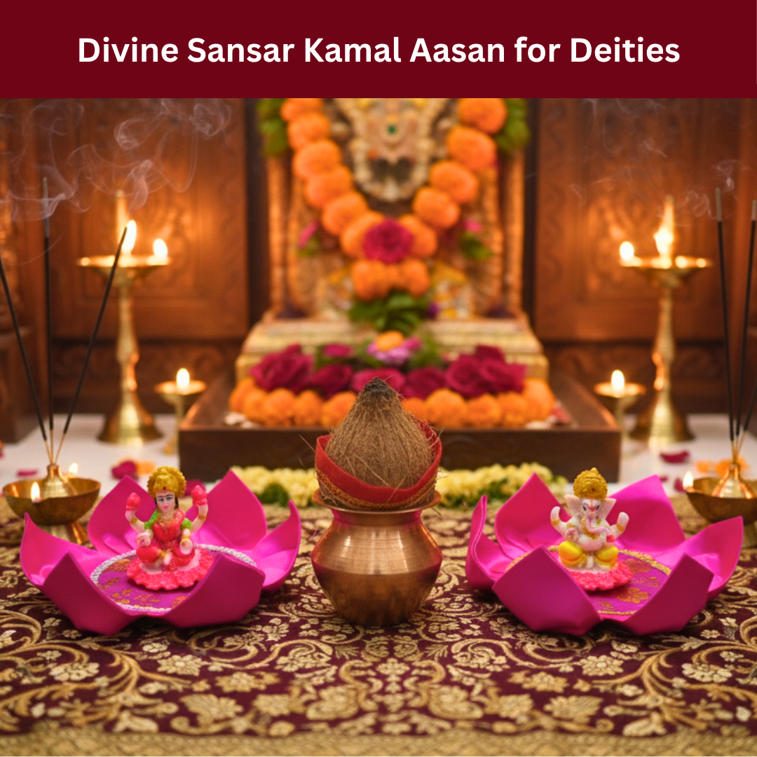 Divine Sansar Kamal Aasans host idols of Goddess Lakshmi and Lord Ganesha on a prayer altar.