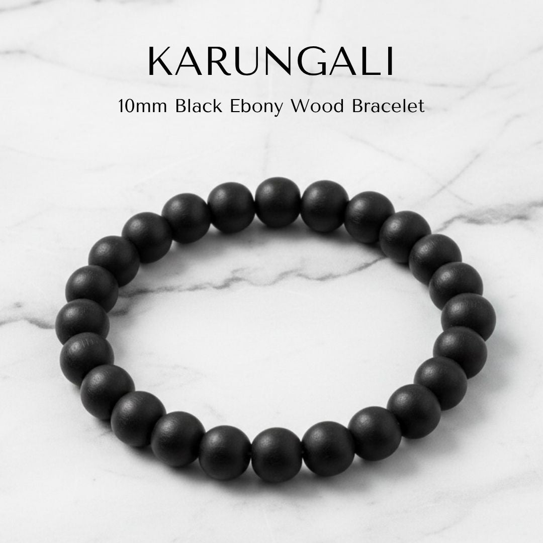 Karungali bracelet 10mm black ebony beads on elastic, lab tested - Divine Sansar