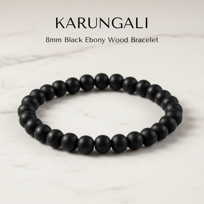 Karungali bracelet 27 black ebony 8mm beads on elastic, lab tested - Divine Sansar