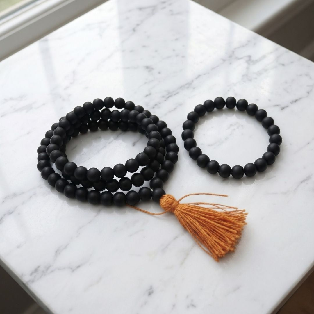 Karungali mala and 27 bead bracelet set in black ebony wood - Divine Sansar