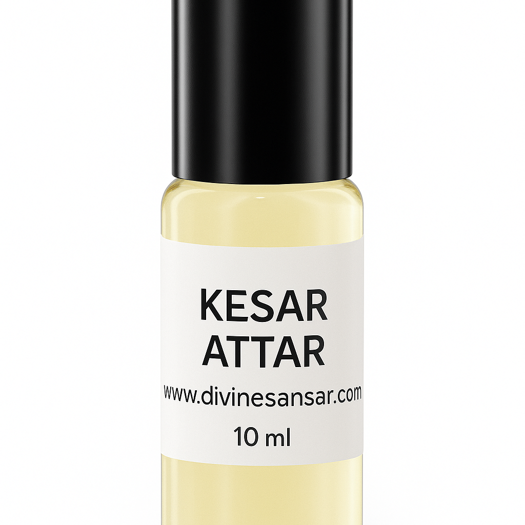 Divine Sansar-Bottle of Kesar Attar with a black cap on a white background