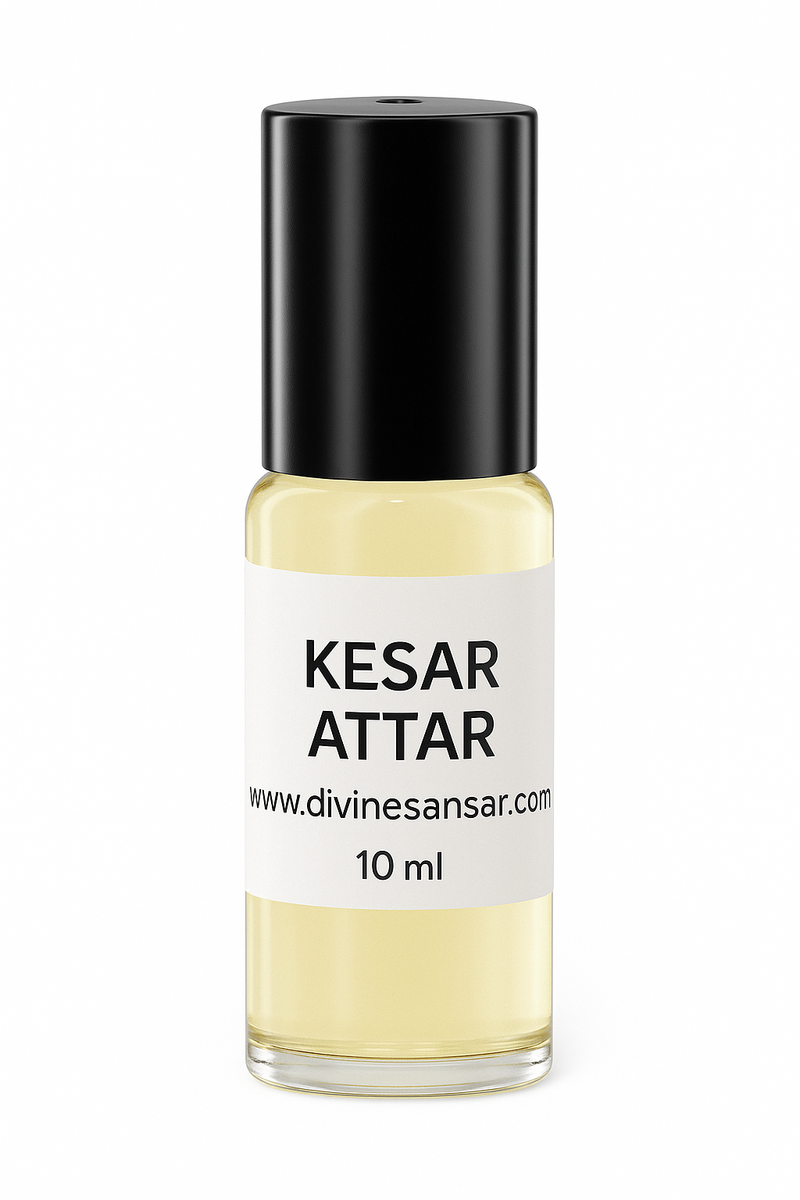 Divine Sansar-Bottle of Kesar Attar with a black cap on a white background