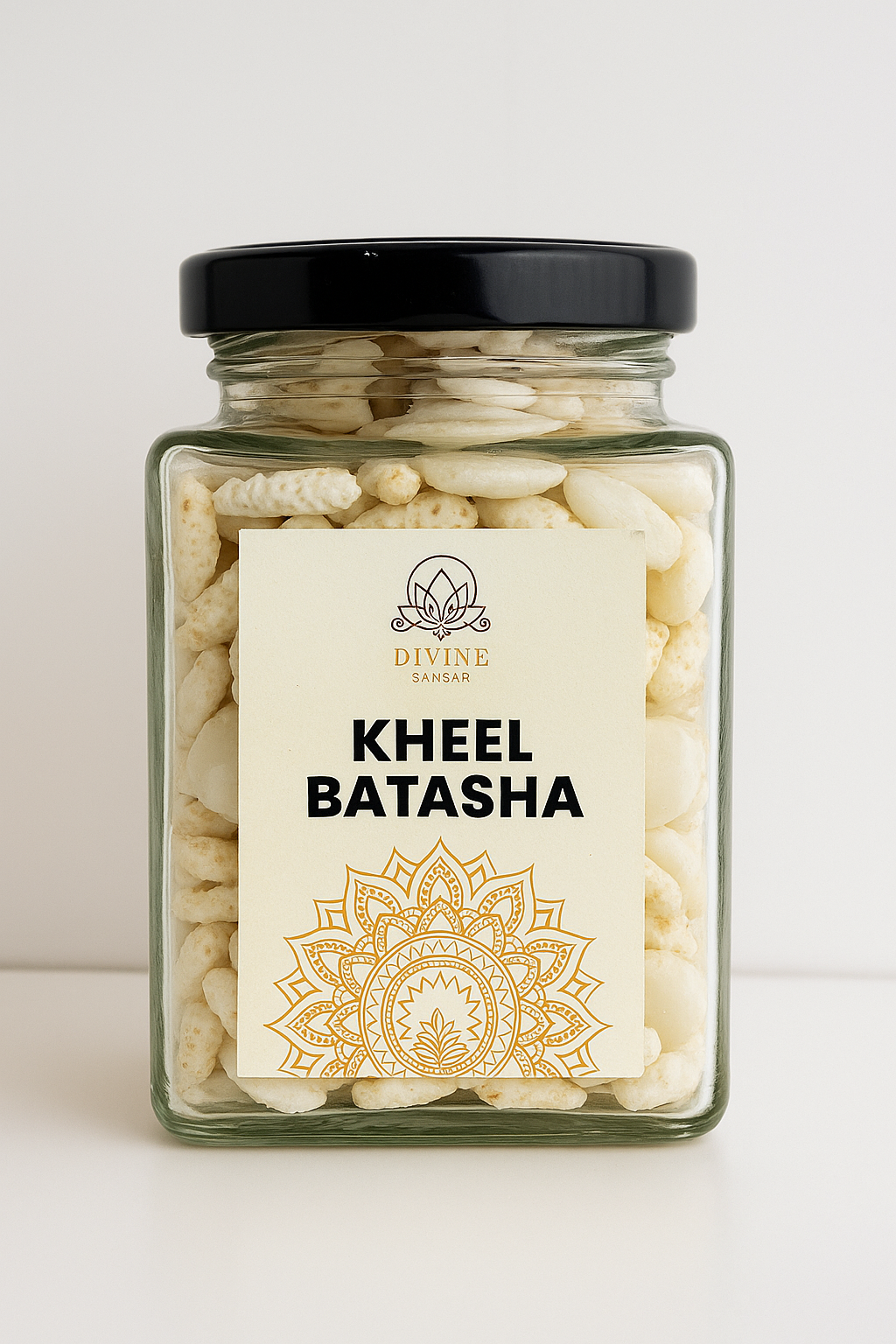 Divine Sansar Jar of Kheel Batasha with a decorative label on a white background