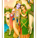 Divine Sansar-Krishna Photo Frame, a cow, and a peacock in a garden setting.
