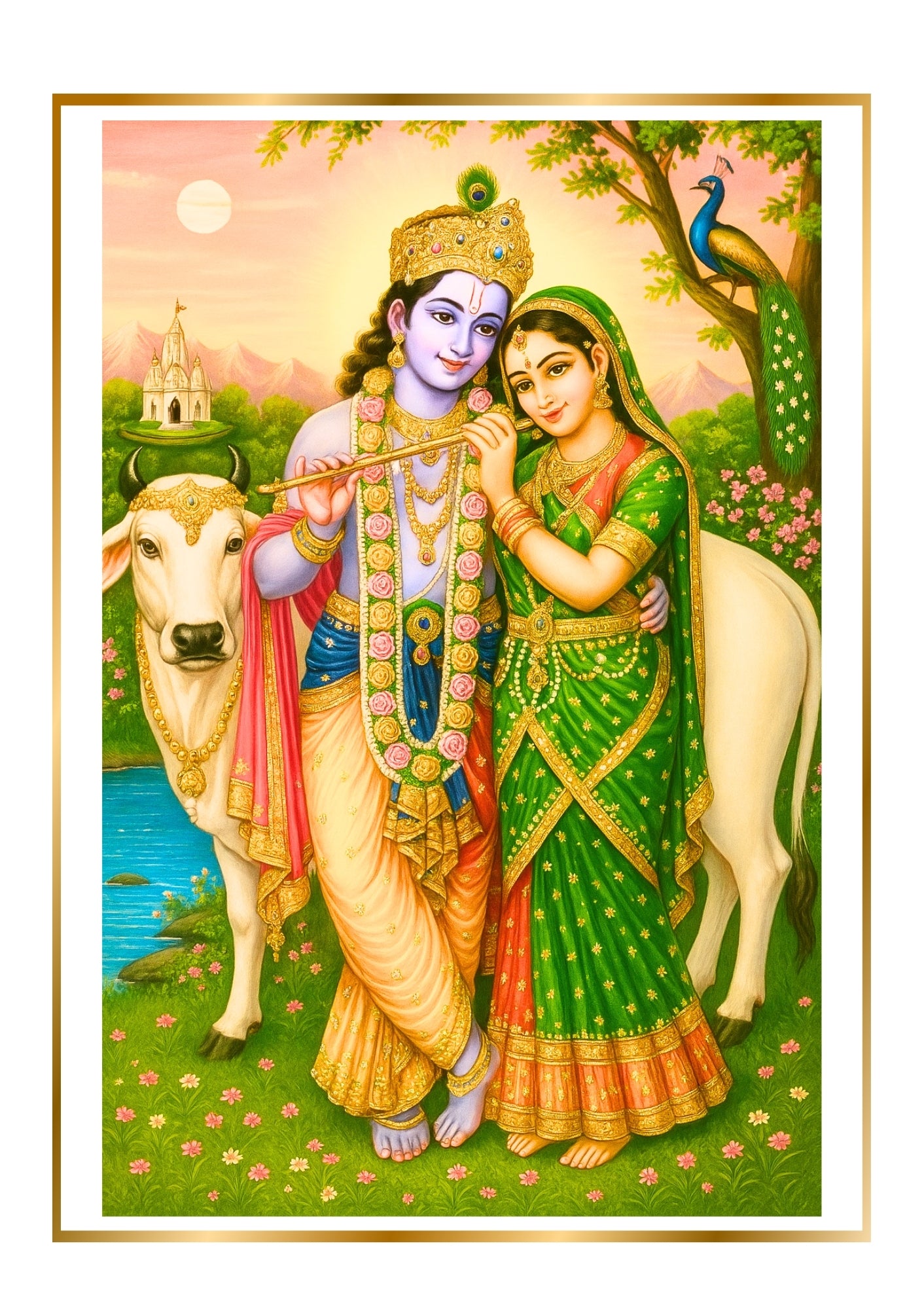Divine Sansar-Krishna Photo Frame, a cow, and a peacock in a garden setting.