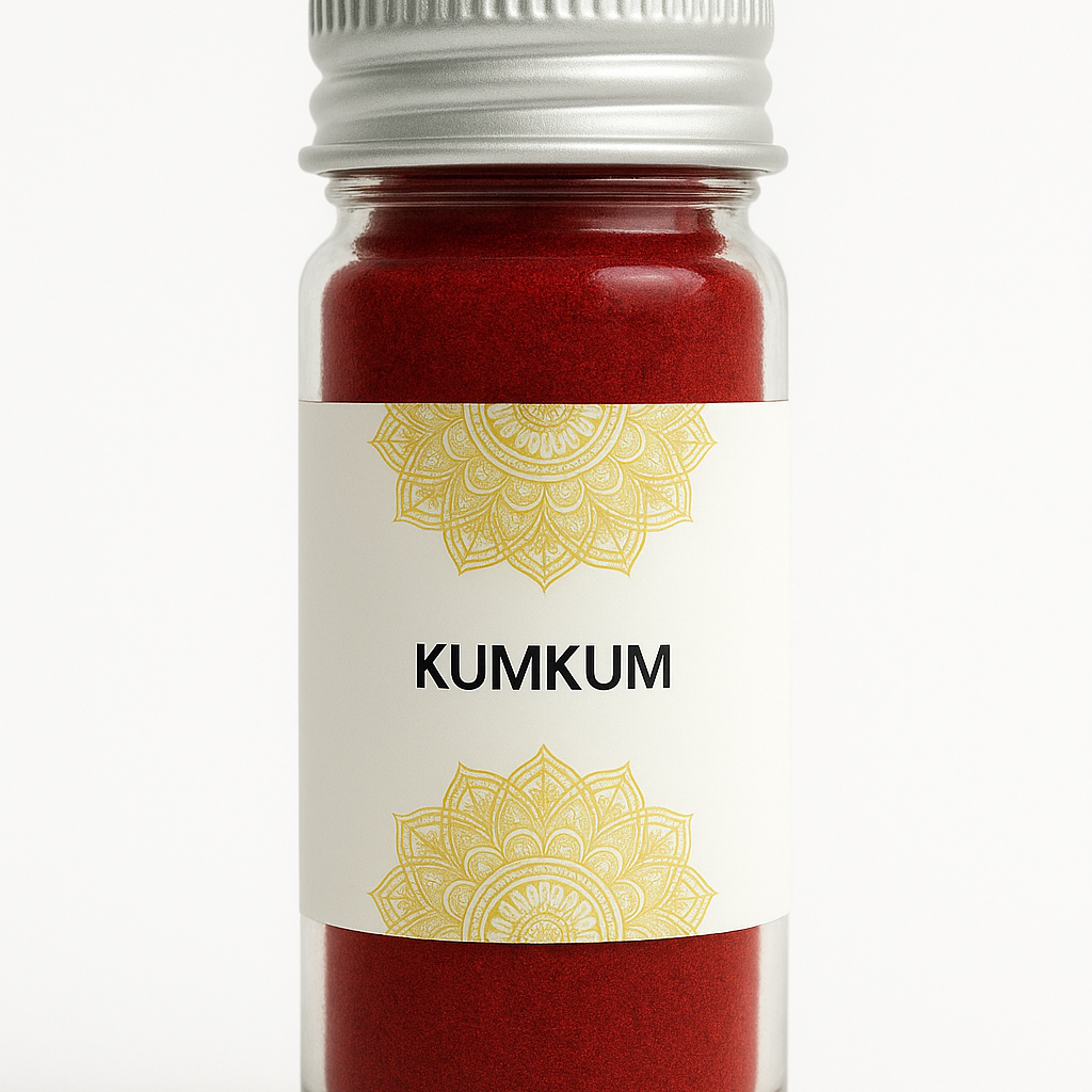 Divine Sansar-Jar of kumkum with a decorative label on a white background