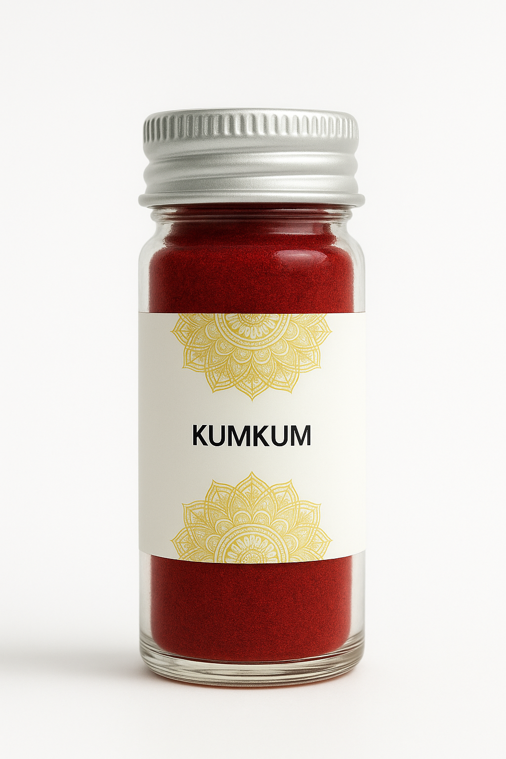 Divine Sansar-Jar of kumkum with a decorative label on a white background